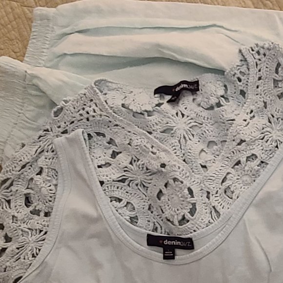 Crocheted sweater, tank, and skirt, light aqua, L - Picture 3 of 4